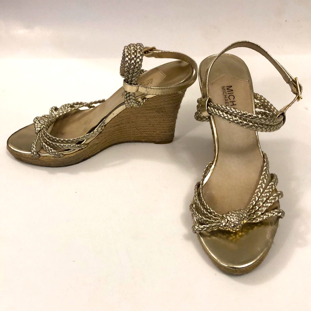 Michael Kors 6.5 Espadrille Gold heels wedge Braided Adjustable Strap Excellent